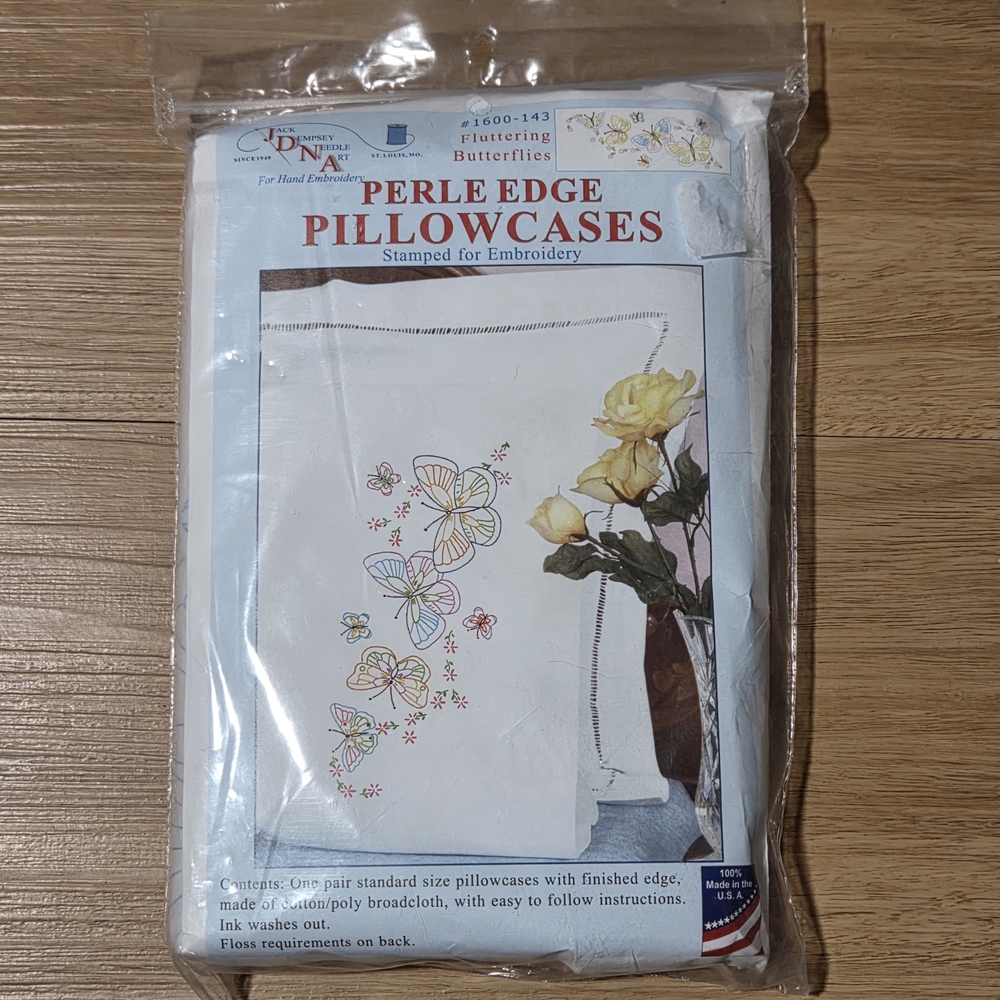 Fluttering Butterflies Pair Perle Edge Pillowcases Stamped for Embroidery JDNA